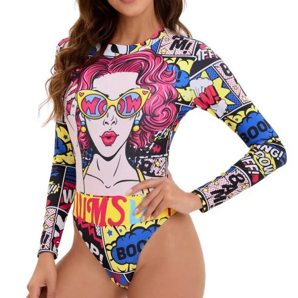 New One-Piece Comic Design Long Sleeve Bodysuit - Picture 1 of 2